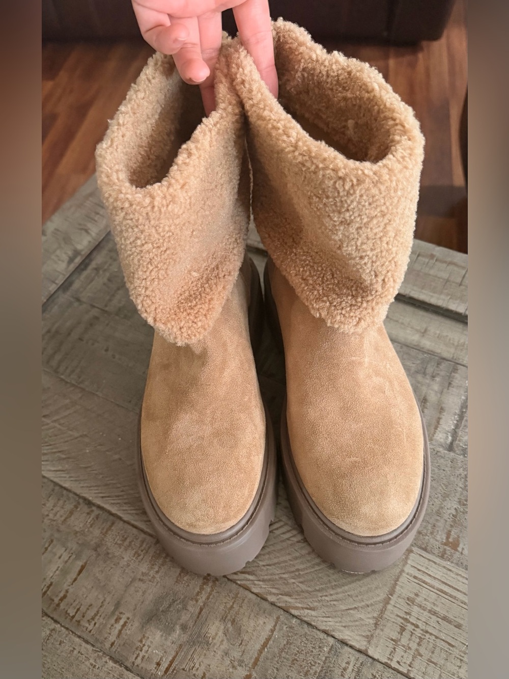 Steve Madden Tan Suede Shearling Fold-Over Ankle Boots